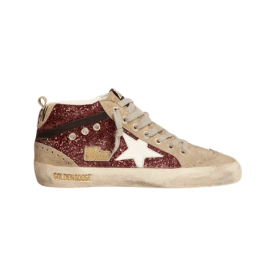 GOLDEN GOOSE MID STAR BURGUNDY AND BEIGE GLITTER WITH WHITE STAR