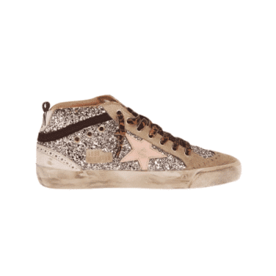 GOLDEN GOOSE MID STAR PLATINUM AND BEIGE GLITTER WITH PINK STAR