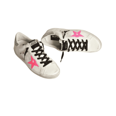 GOLDEN GOOSE SUPERSTAR WHITE WITH PINK STAR AND SILVER GLITTER HEEL