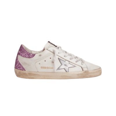 GOLDEN GOOSE SUPERSTAR WHITE WITH SILVER STAR AND PINK GLITTER HEEL