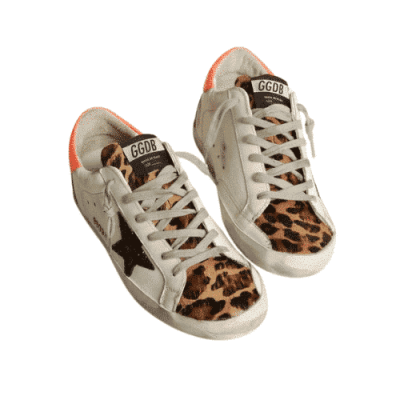 GOLDEN GOOSE SUPERSTAR WHITE WITH LEOPARD TONGUE, BLACK GLITTER STAR AND ORANGE HEEL